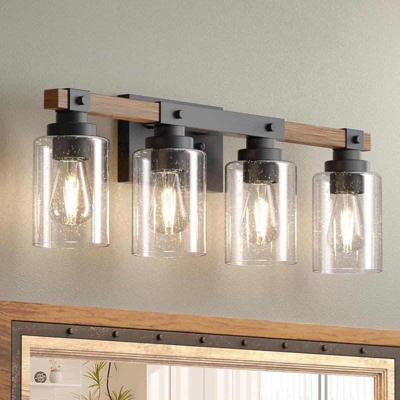 Amico Farmhouse Bathroom Vanity Light Fixtures,Rustic 4-Light Industrial Painted Wood Lights,Vintage Black Wall Sconces Bathroom Vanity Lighting with Bubble Glass Shade - Image 1
